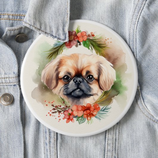 Pekingese kerstkrans feestelijke pup ronde button 6,0 cm (In situ)