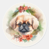 Pekingese kerstkrans feestelijke pup ronde sticker (Voorkant)