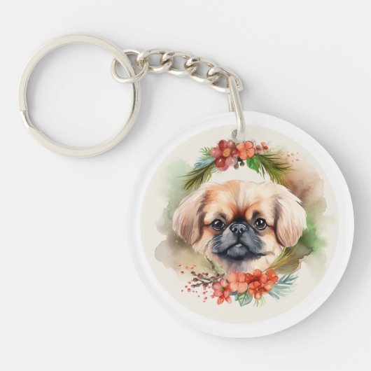 Pekingese kerstkrans feestelijke pup sleutelhanger (Voorkant)