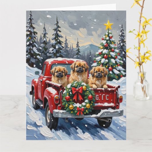 Pekingese Kerstmis Rode Truck Vakantie Kaart (Gele Bloem)