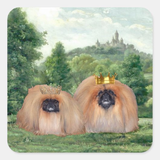 Pekingese King & Queen met Dream Castle Vierkante Sticker (Voorkant)