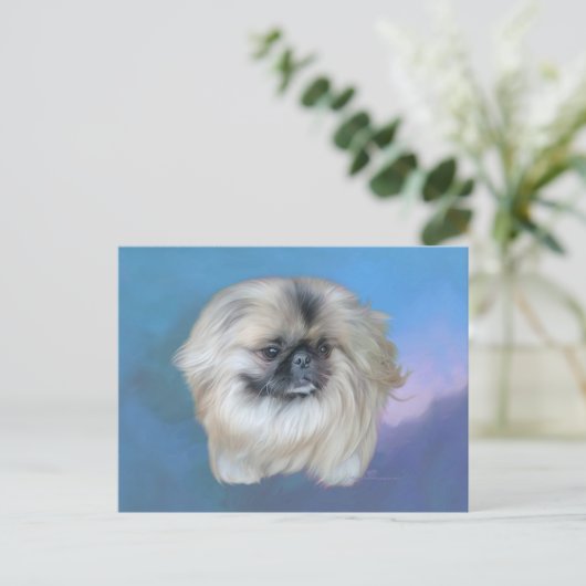 Pekingese Lily op Blue Briefkaart (Staand voorkant)