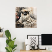 Pekingese Loungen in een zijden gewaad Inkttekenin Poster (Thuiskantoor)