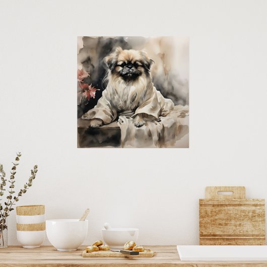 Pekingese Loungen in een zijden gewaad Inkttekenin Poster (Keuken)