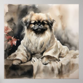 Pekingese Loungen in een zijden gewaad Inkttekenin Poster (Voorkant)
