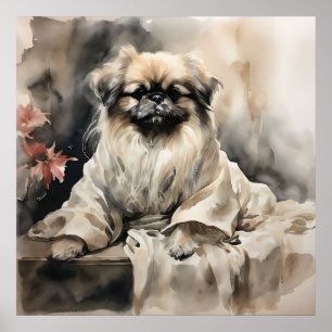 Pekingese Loungen in een zijden gewaad Inkttekenin Poster