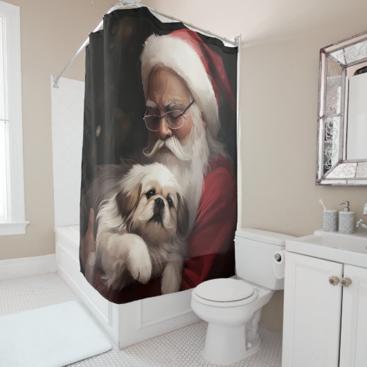 Pekingese met Sinterklaas Feestelijke Kerstmis Douchegordijn (In situ)