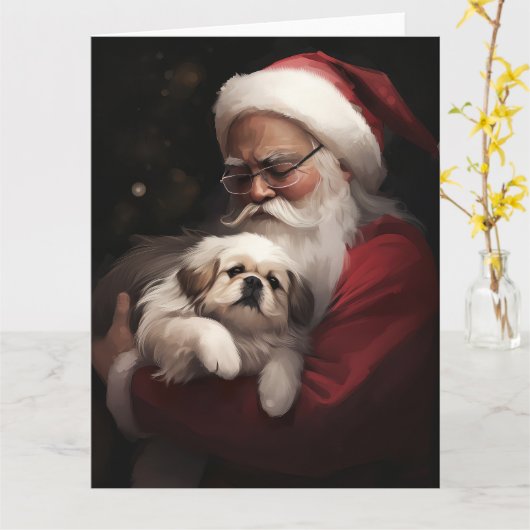 Pekingese met Sinterklaas Feestelijke Kerstmis Kaart (Gele Bloem)