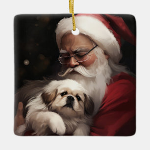 Pekingese met Sinterklaas Feestelijke Kerstmis Keramisch Ornament