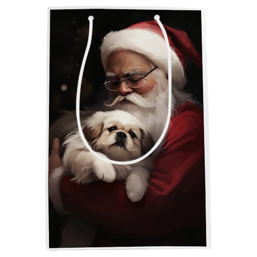Pekingese met Sinterklaas Feestelijke Kerstmis Medium Cadeauzakje (Voorkant)