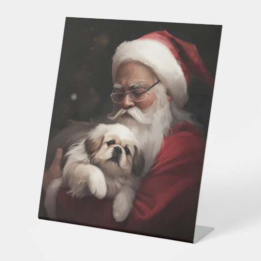 Pekingese met Sinterklaas Feestelijke Kerstmis Reclamebord Met Voetstuk (Voorkant)