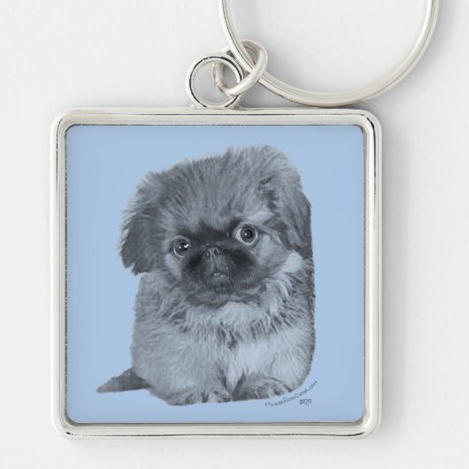 Pekingese Puppy Blauw Sleutelhanger (Voorkant)