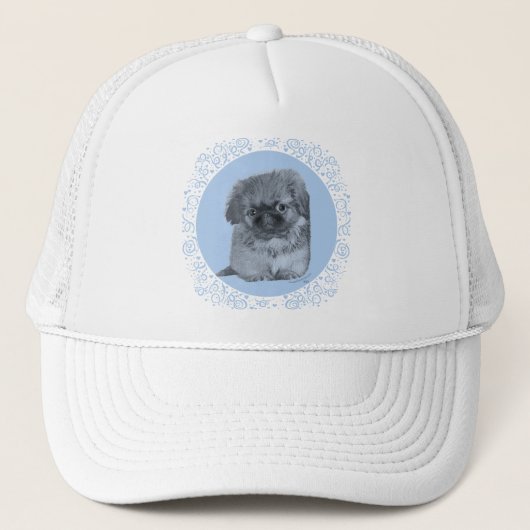 Pekingese Puppy Blauw Trucker Pet (Voorkant)