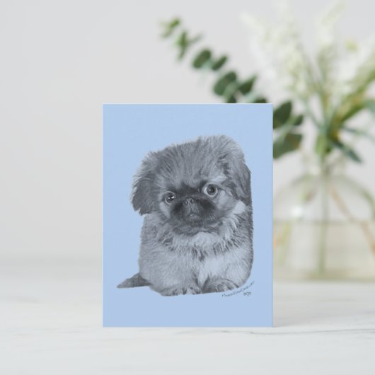 Pekingese Puppy Blue Briefkaart (Staand voorkant)
