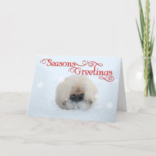 Pekingese Puppy Eerste Kerstmis Feestdagen Kaart