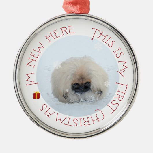 Pekingese Puppy First Kerstmis Metalen Ornament (Voorkant)