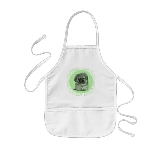 Pekingese Puppy Groen Kinder Schort (Voorkant)