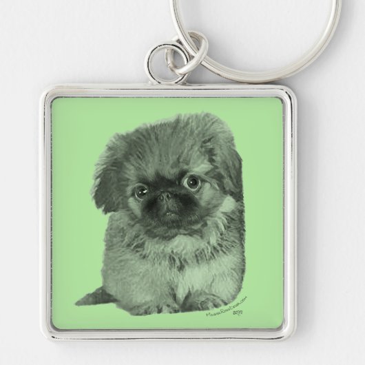 Pekingese Puppy Groen Sleutelhanger (Voorkant)