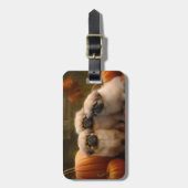 Pekingese Puppy Herfst Verrukking Pompoen Bagagelabel (Voorkant verticaal)