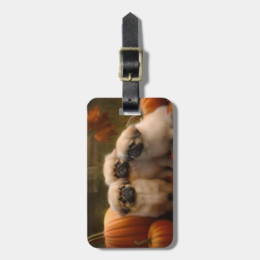Pekingese Puppy Herfst Verrukking Pompoen Bagagelabel (Voorkant verticaal)
