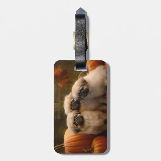 Pekingese Puppy Herfst Verrukking Pompoen Bagagelabel (Achterkant verticaal)