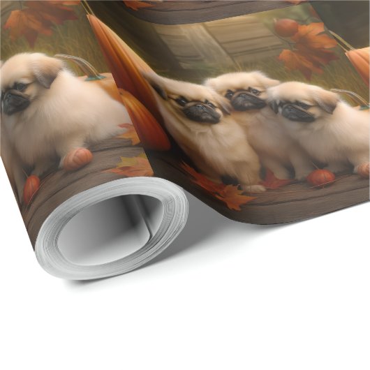 Pekingese Puppy Herfst Verrukking Pompoen Cadeaupapier (Rol Hoek)