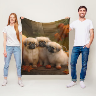 Pekingese Puppy Herfst Verrukking Pompoen Fleece Deken