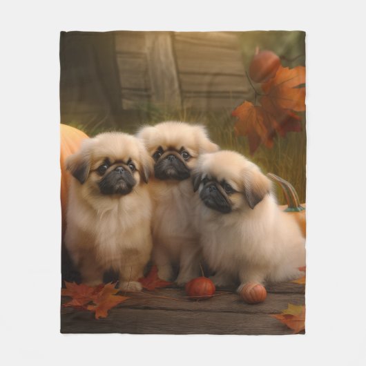 Pekingese Puppy Herfst Verrukking Pompoen Fleece Deken (Voorkant)