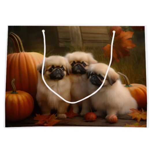 Pekingese Puppy Herfst Verrukking Pompoen Groot Cadeauzakje (Voorkant)