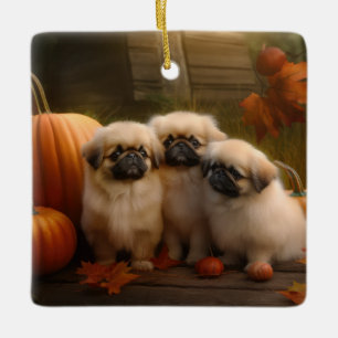 Pekingese Puppy Herfst Verrukking Pompoen Keramisch Ornament