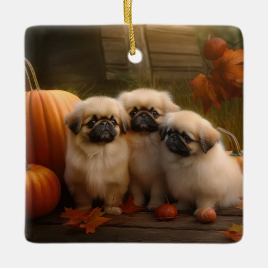 Pekingese Puppy Herfst Verrukking Pompoen Keramisch Ornament (Voorkant)