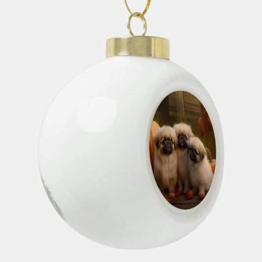 Pekingese Puppy Herfst Verrukking Pompoen Keramische Bal Ornament (Links)