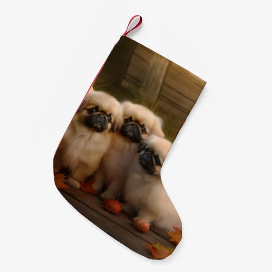 Pekingese Puppy Herfst Verrukking Pompoen Kleine Kerstsok (Voorkant (Hangend))