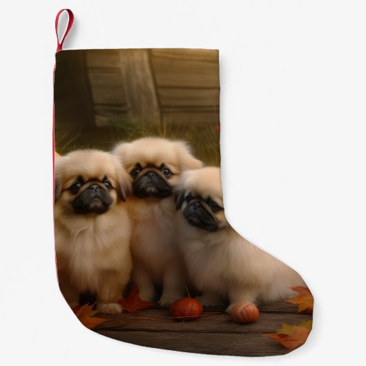 Pekingese Puppy Herfst Verrukking Pompoen Kleine Kerstsok (Voorkant)