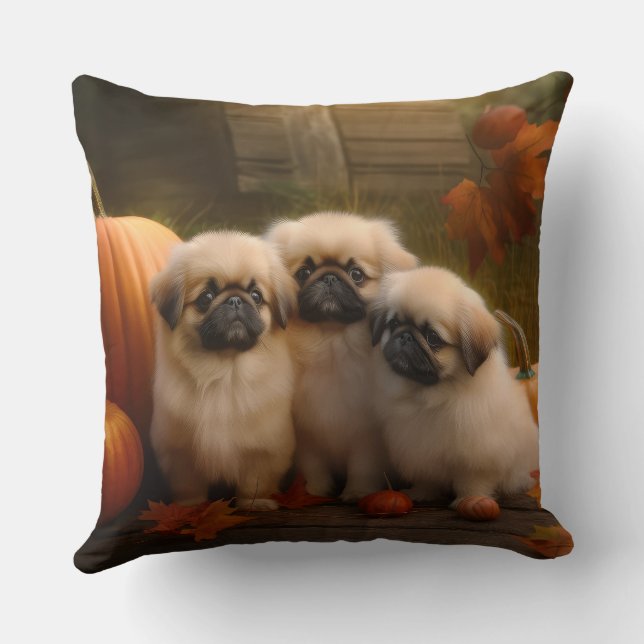 Pekingese Puppy Herfst Verrukking Pompoen Kussen (Achterkant)