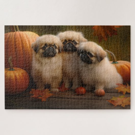Pekingese Puppy Herfst Verrukking Pompoen Legpuzzel (Horizontaal)