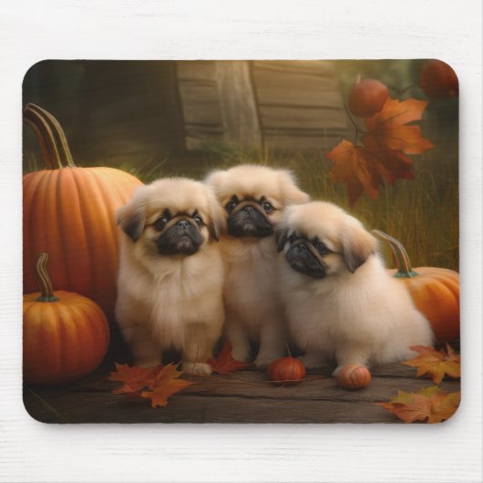 Pekingese Puppy Herfst Verrukking Pompoen Muismat (Voorkant)