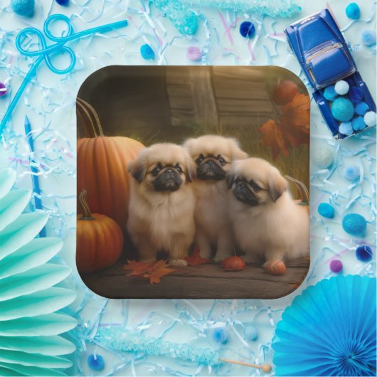 Pekingese Puppy Herfst Verrukking Pompoen Papieren Bordje (Feest)