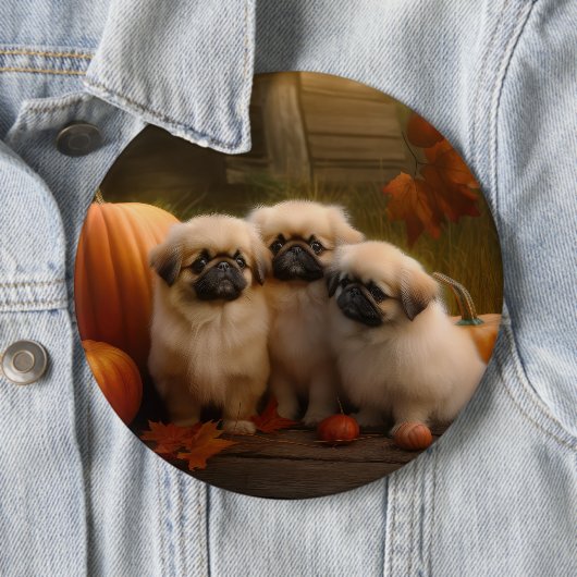 Pekingese Puppy Herfst Verrukking Pompoen Ronde Button 6,0 Cm (In situ)