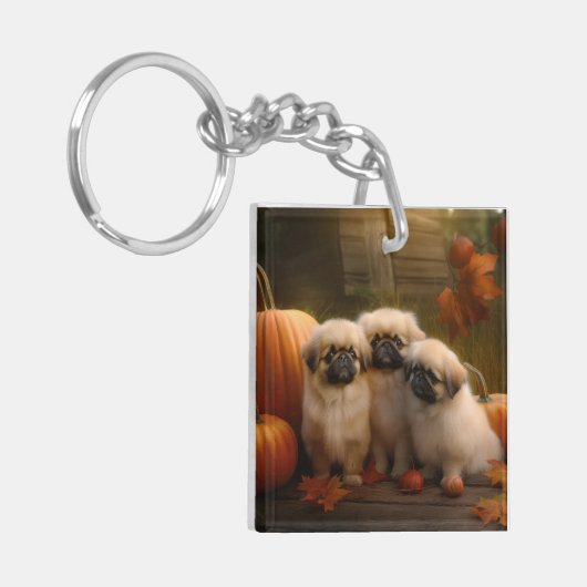 Pekingese Puppy Herfst Verrukking Pompoen Sleutelhanger (Voorkant Links)