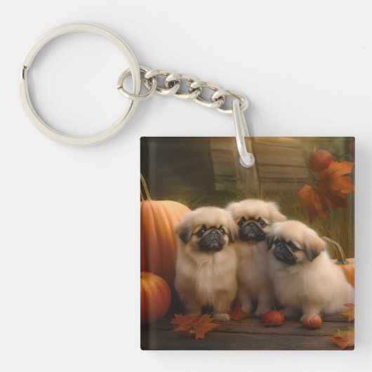Pekingese Puppy Herfst Verrukking Pompoen Sleutelhanger (Voorkant)