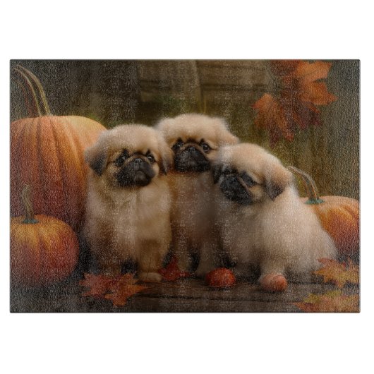 Pekingese Puppy Herfst Verrukking Pompoen Snijplank (Voorkant)