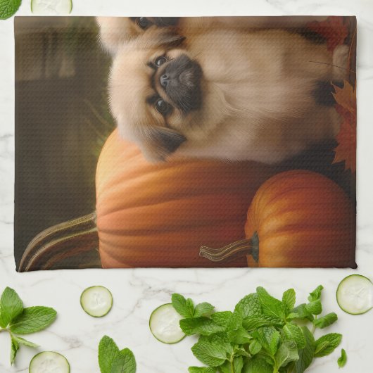 Pekingese Puppy Herfst Verrukking Pompoen Theedoek (Gevouwen)