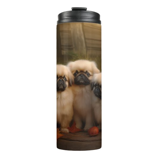 Pekingese Puppy Herfst Verrukking Pompoen Thermosbeker (Voorkant)