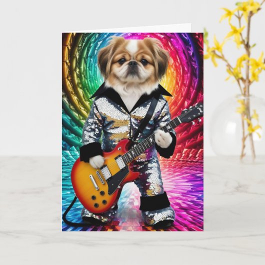 Pekingese rockster kaart (Gele Bloem)