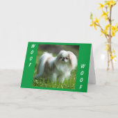 Pekingese Says WOOF (gefeliciteerde verjaardag) Kaart (Gele Bloem)