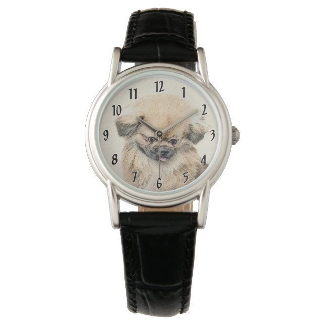 Pekingese schildering - Kute Original Dog Art Horloge (Voorkant)
