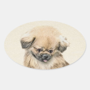 Pekingese schildering - Kute Original Dog Art Ovale Sticker