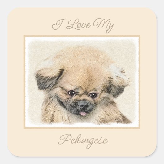 Pekingese schildering - Kute Original Dog Art Squa Vierkante Sticker (Voorkant)