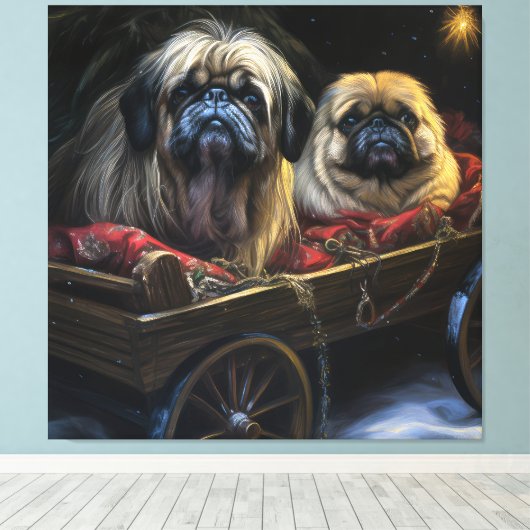 Pekingese Sneeuwslee Kerstdecoratie Canvas Afdruk (Insitu (Houten vloer))